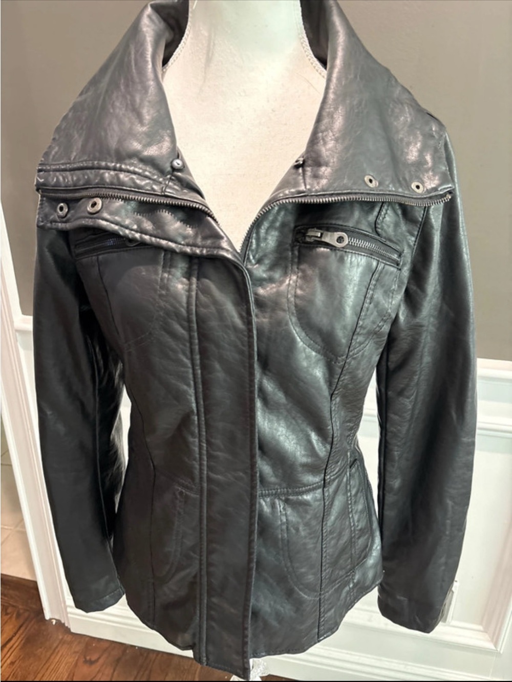 Brave Soul Black Vegan Leather Fitted Zip Jacket